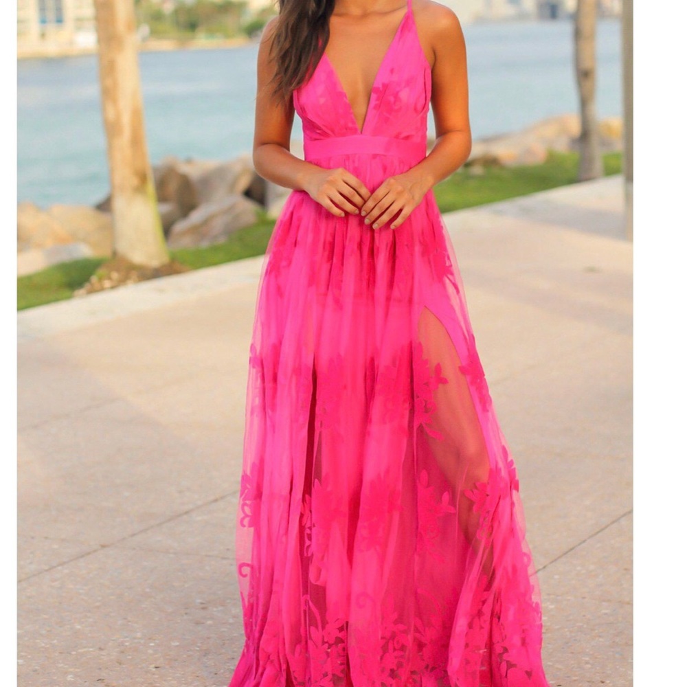 Pink floral tulle maxi